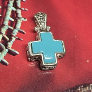 MJ Marie Jennifer Silver Turquoise Reversible Cross Filigree Pendant Signed